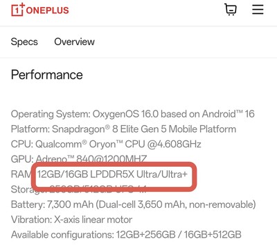 RAM do OnePlus 15