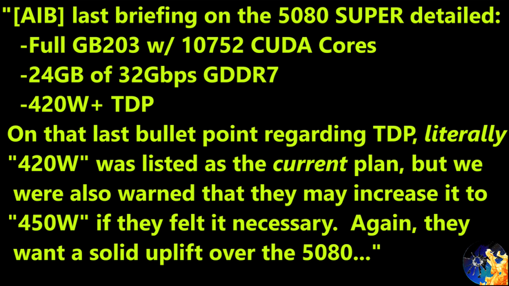 Vazamento das especificações da RTX 5080 Super. (Fonte da imagem: Moore's Law Is Dead no YouTube)