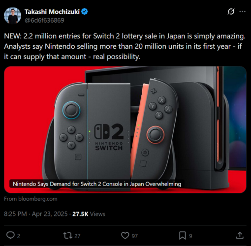 Postagem de Takashi Mochizuki X sobre o primeiro ano de vendas do Switch (Fonte da imagem: captura de tela, conta de Takashi Mochizuki X)