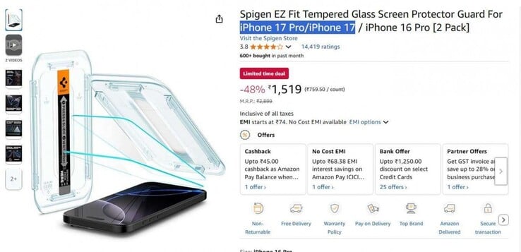 Uma suposta captura de tela da atualização da página da Spigen na Amazon que vazou. (Fonte: GSMArena)