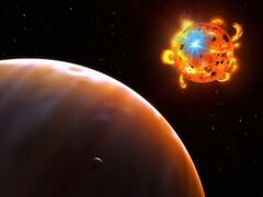 Uma ilustração que mostra uma estrela, um exoplaneta e um satélite natural.