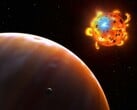 Uma ilustração que mostra uma estrela, um exoplaneta e um satélite natural.