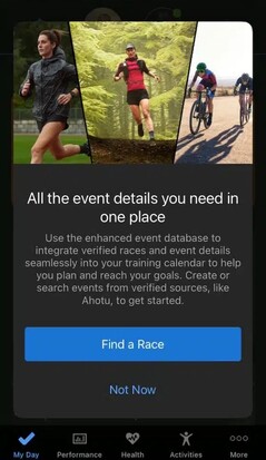 Uma notificação no Garmin Connect sobre o banco de dados de eventos aprimorado. (Fonte da imagem: Gadgets &amp; Wearables)