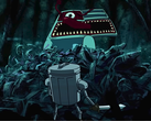 Na foto - uma imagem do trailer oficial de Kingdoms of the Dump, mostrando o Trash Can Knight enfrentando uma pilha gigante de lixo. (Fonte da imagem: Steam)