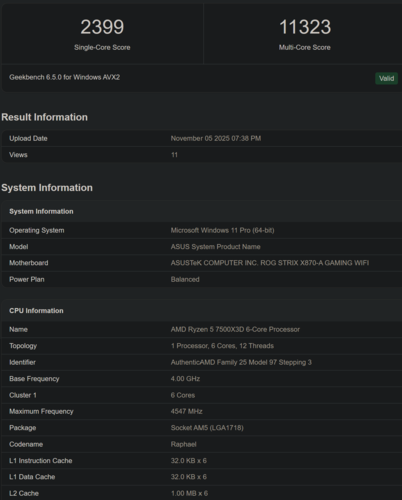 Pontuação do AMD Ryzen 5 7500X3D no Geekbench (fonte da imagem: Geekbench)