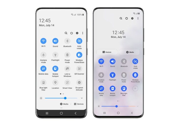 Painel rápido em Um UI 2 (esquerda) e Um UI 3 (direita) (Fonte: Samsung Global Newsroom)