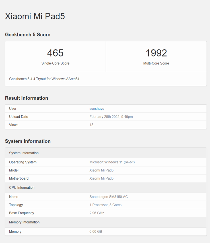 Mi Pad 5 Windows 11 Geekbench pontuação (imagem via ITHome)