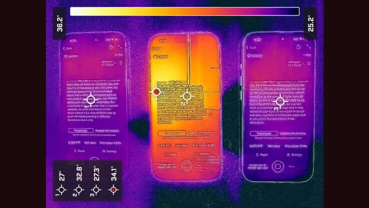 Apple desempenho de resfriamento do iPhone 17 Pro (esquerda) vs. iPhone 16 Pro (meio) vs. iPhone 17 (direita). (Fonte da imagem: Argmax)