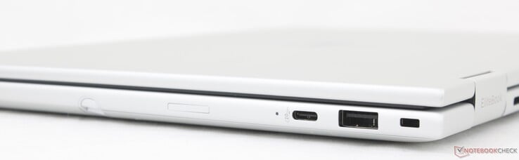 Direito: USB-C 3.2 Gen. 1 (10 Gbps) com DisplayPort 1.4 + Power Delivery, USB-A (5 Gbps), trava de segurança, slot Nano-SIM (opcional)