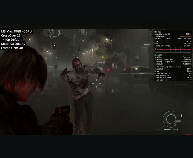 Resident Evil Requiem em execução no M3 Max Mac via CrossOver 26 a 1440p com MetalFX Quality mostrando cerca de 50 FPS.