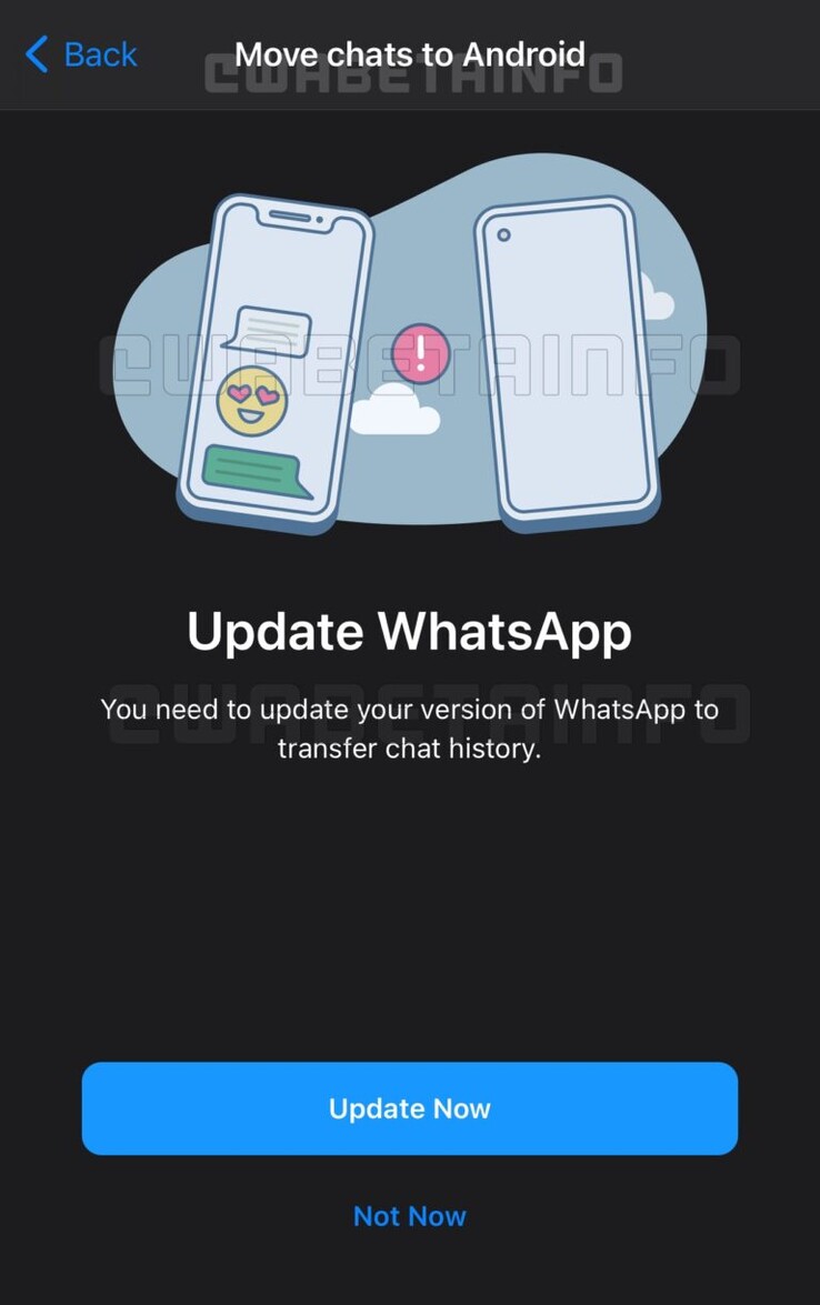 Isto é como poderia ser a transferência de chat em plataforma cruzada da WhatsApp (imagem via WABetainfo)