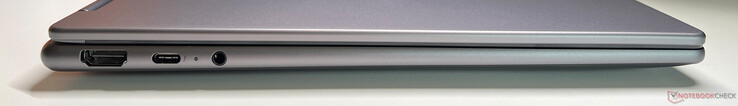 Esquerda: HDMI 1.4b, USB-C 4.0 com Thunderbolt 4 (40 Gbit/s, DisplayPort 2.1, Power Delivery 3.0), áudio de 3,5 mm