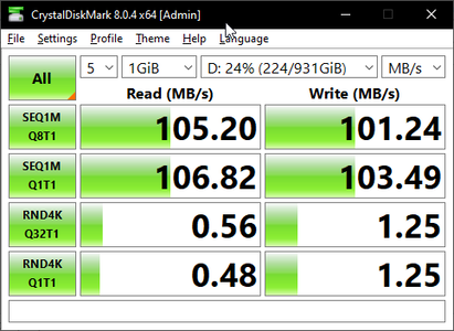 CrystalDiskMark 8 em algo mais comumente usado para armazenamento externo, um disco rígido externo da Toshiba conectado via USB 3.0. Observe as principais melhorias em leituras e gravações aleatórias.