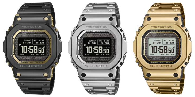 Da esquerda para a direita: os relógios Casio G-Shock GMW-BZ5000BD-1, GMW-BZ5000D-1 e GMW-BZ5000GD-1. (Fonte da imagem: Casio)