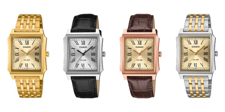 Da esquerda para a direita: os relógios Casio MTP-B190G-9BV, MTP-B190L-7BV, MTP-B190RGL-9BV e MTP-B190SG-9BV