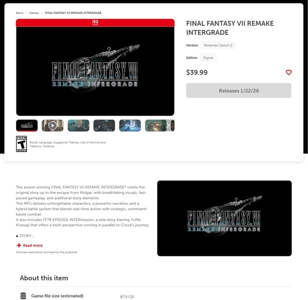 Final Fantasy 7 Remake Intergrade Nintendo eShop listando o tamanho do arquivo (Fonte da imagem: captura de tela, Nintendo eShop)