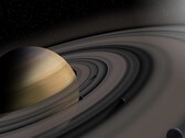 Ilustração de um artista mostrando os anéis e várias luas de Saturno.
