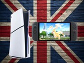 Os consoles PS5 e Switch 2 são mostrados em um cenário com a bandeira da Union Jack (Fonte da imagem: Sony PlayStation, Nintendo com edições)