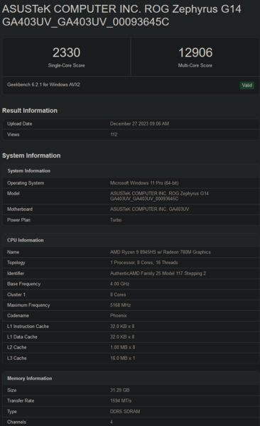 Listagem do Ryzen 9 8945HS no Geekbench (imagem via Geekbench)