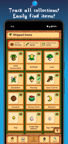 O banco de dados de itens no aplicativo Gunther's Library. (Fonte da imagem: Google Play Store)