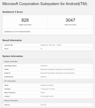 Listagem Geekbench do subsistema Windows 11 Android no ARM. (Fonte: Geekbench)