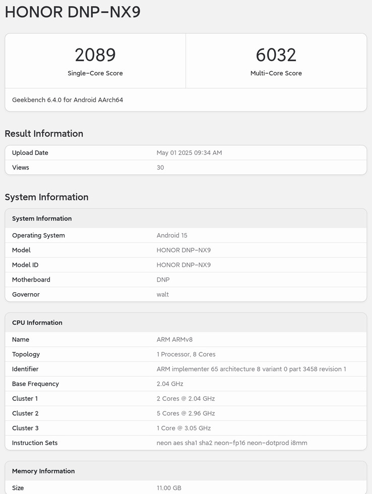 O "Honor 400 Pro" no Geekbench.  (Fonte: Geekbench via Digital Chat Station)