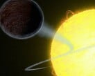 Uma ilustração artística que mostra uma estrela a devorar uma anã castanha.