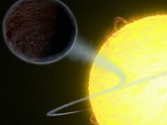 Uma ilustração artística que mostra uma estrela a devorar uma anã castanha.