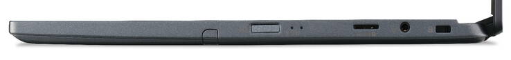 Lado direito: Botão de alimentação / leitor de impressões digitais, leitor de cartão de memória (microSD), áudio combinado, slot de travamento de cabo