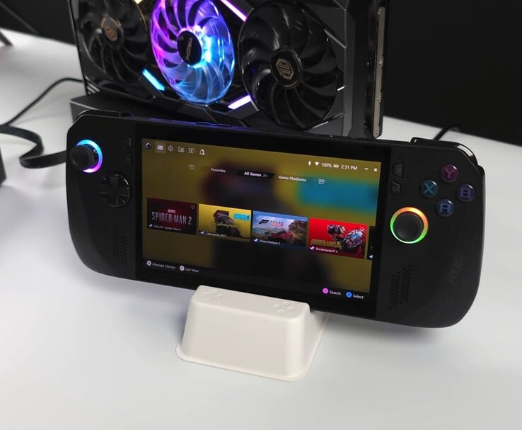 O computador de mão Asus ROG Ally X conectado a uma AMD Radeon RX 9070 XT em um dock externo Oculink eGPU, mostrando jogos como Spider-Man 2, Cyberpunk 2077, Forza Horizon 5 e Borderlands 4 em sua tela (Fonte da imagem: ETA PRIME via YouTube)