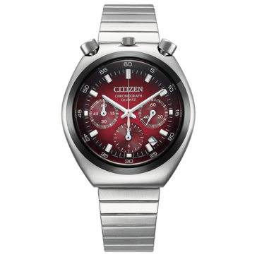 Vista frontal do Citizen Tsuno Chronograph AN3714-84Z, com mostrador em degradê vermelho,