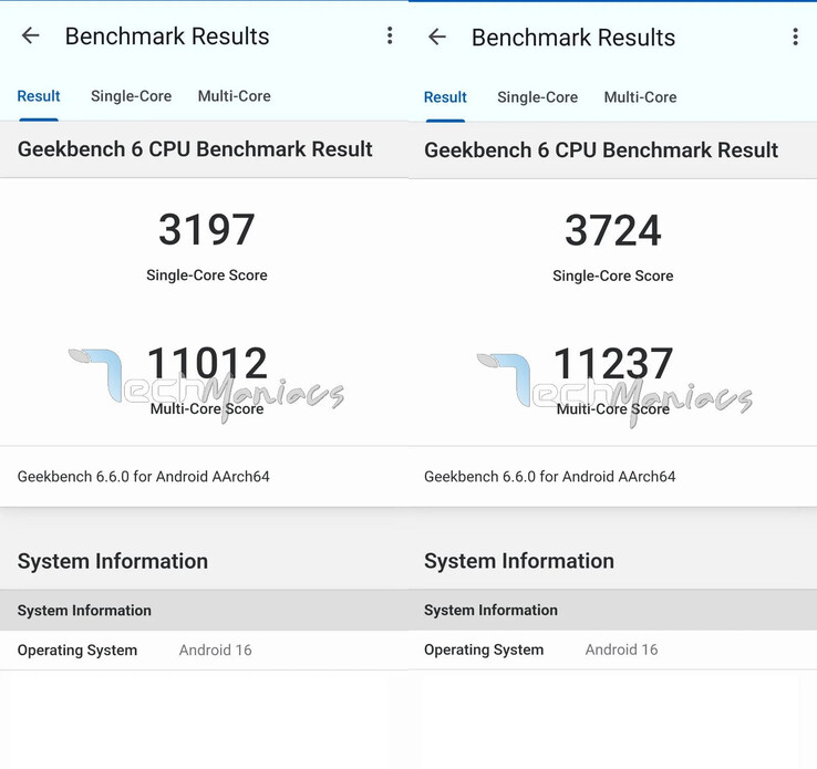 Benchmarks do Galaxy S26 (à esquerda) com Exynos 2600 vs. Galaxy S26 Ultra (à direita) com Snapdragon 8 Elite Gen 5