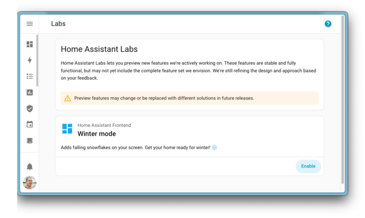 Uma captura de tela da nova área do Home Assistant Labs. (Fonte da imagem: Home Assistant)