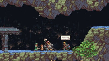 Uma imagem mostrando vários personagens em Owlboy.