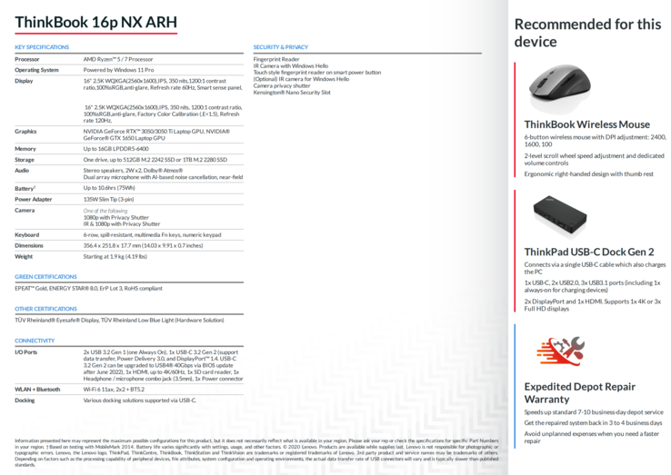 Lenovo ThinkBook 16p NX especificações