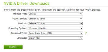GT 1010 indicado na página de download do driver NVIDIA. (Fonte: NVIDIA)