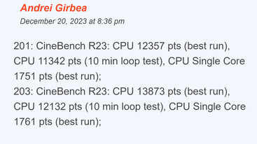 Resultados do benchmark Cinebench R23 antes (201) e depois (203) da atualização do BIOS (Fonte da imagem: UltrabookReview)