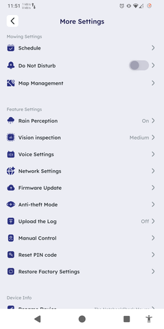 Menu de configurações estendidas