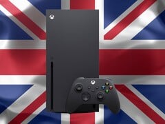 Xbox Series X visto em frente à bandeira do Reino Unido