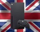 Xbox Series X visto em frente à bandeira do Reino Unido