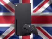 Xbox Series X visto em frente à bandeira do Reino Unido