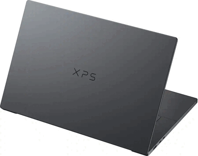 Dell XPS 16 visto de trás com o seu acabamento escuro e logótipo XPS