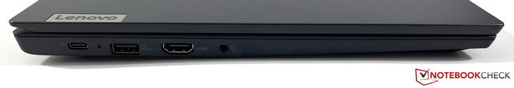 Lado esquerdo: USB-C 3.2 Gen.1 (DisplayPort 1.2, Power Delivery 3.0), USB-A 3.2 Gen.1 (Powered), HDMI 1.4b, áudio 3.5 mm