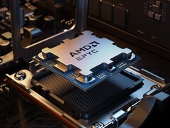 Um processador de servidor AMD Epyc instalado em seu soquete.