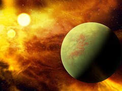 Ilustração de um artista mostrando um exoplaneta com duas estrelas. (Fonte da imagem: Terranaut - Pixabay)