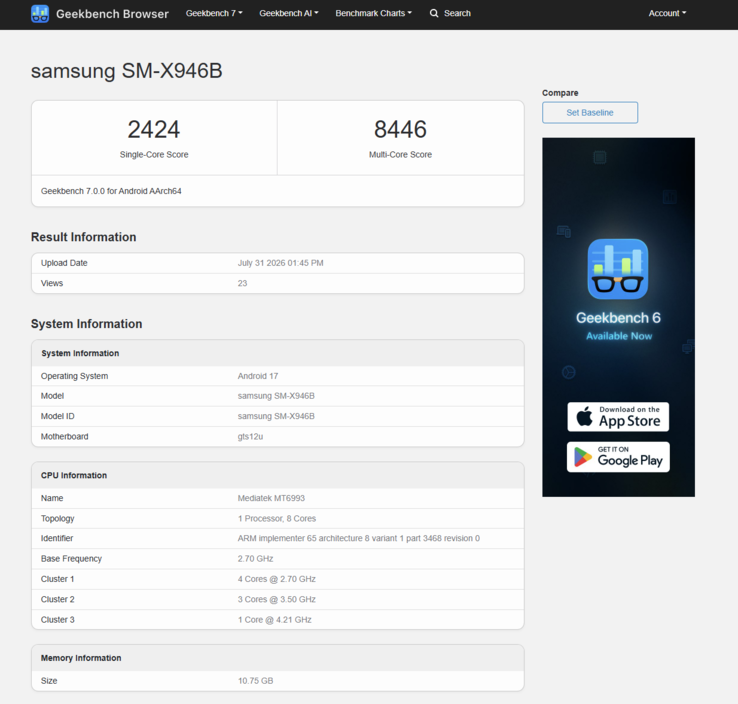 O MediaTek Dimensity 9500 integrado ao aparelho obteve 2.424 pontos nos testes de núcleo único e 8.446 nos testes de múltiplos núcleos, com 12 GB de RAM na unidade testada.