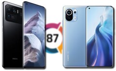O Xiaomi Mi 11 Ultra (L) alcançou a mesma pontuação de exibição que o Mi 11 (R) mais barato. (Fonte da imagem: Xiaomi/DxOMark - editado)