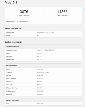 Apple M3 em uma execução do Geekbench 6.2. (Fonte: Geekbench)