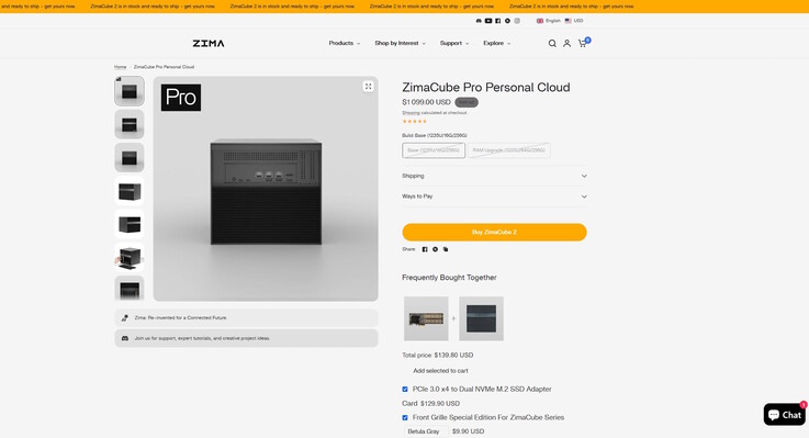No site oficial, o ZimaCube Pro está esgotado e custa normalmente US$ 1.099 com 16 GB de RAM