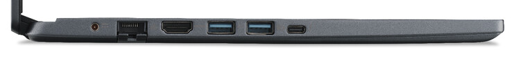 Lado esquerdo: Fonte de alimentação, Gigabit Ethernet, HDMI, 2x USB 3.2 Gen 1 (Tipo A), Thunderbolt 4 (Tipo C; Fornecimento de energia, DisplayPort)
